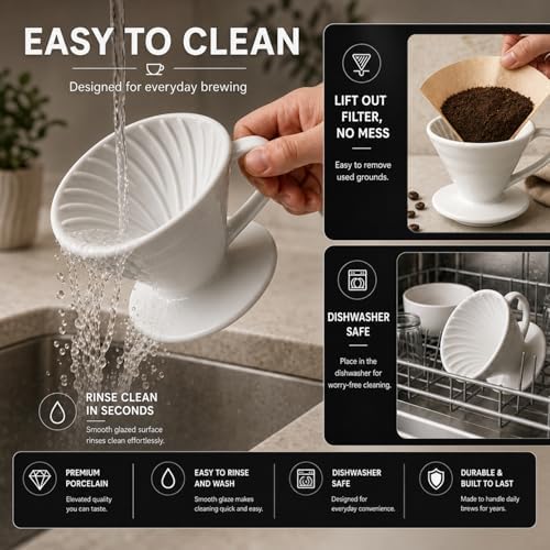 Ceramic Pour Over Coffee Dripper - Handmade Pour Over Coffee Maker, Porcelain Coffee Drip Cone, Pour Over Single Cup, Manual Brew Maker for Home, Cafe, Office - 1-4Cups, V60 Size 02 (Off White) - Image 4