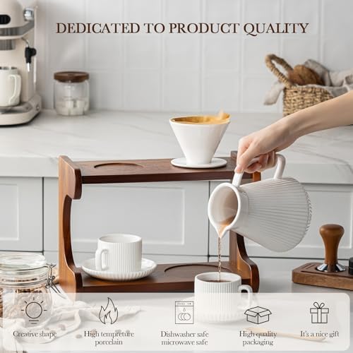 Pour Over Coffee Maker Set, 22OZ Ceramic Pour Over Coffee Dripper with Acacia Wood Stand and 5OZ Cups and Saucers Set of 2, Size 02 - Image 6