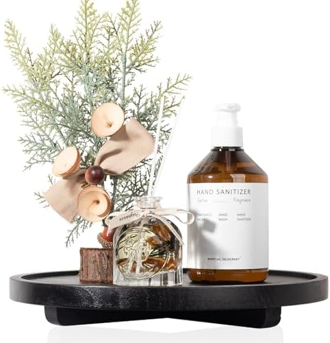 Round Decorative Tray Wood Bathroom Counter Organizer Farmhouse Kitchen Decor Wooden Riser for Soap Dish, Perfume, Candle, Sponge, 12" - Black - Image 5