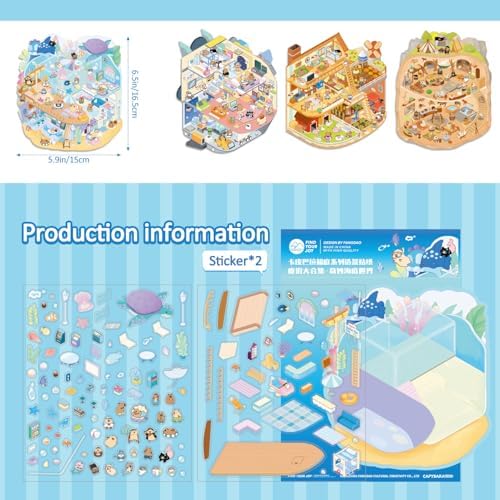 Girls 3D Miniature Scene Stickers, 4 Sets World Adventure DIY House Stickers for Space, Caves, Farms, Underwater World, Cute 3D Cartoon Sticker Scenes for Adult Kids Relief Stress Pass The Time - Image 3