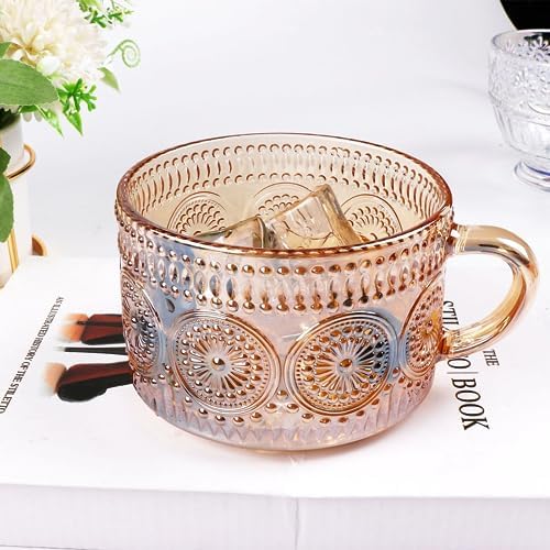 MFACOY Vintage Coffee Mugs Set of 2, 14 oz Glass Tea Cups with Handle, Amber Embossed Glass Cups for Cappuccino, Latte, Cereal, Milk, Hot or Cold Beverages - Image 2
