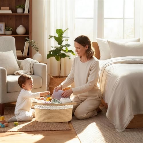 Happyiren Brown Woven Cotton Rope Storage Basket with Lace Trim - Image 3