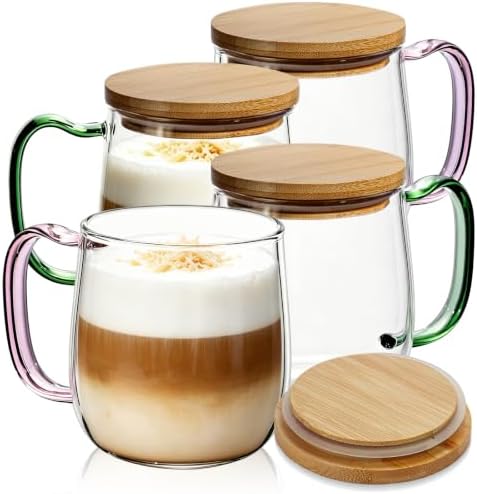 COMI 23 oz Large Glass Coffee Mugs Set of 4,Clear Coffee Cups with Colorful Handles, Hand Blown & Seamless Design, Heat Resistant and Explosion-Proof, Lightweight Tea Mugs for Home,Cafe by COMI
