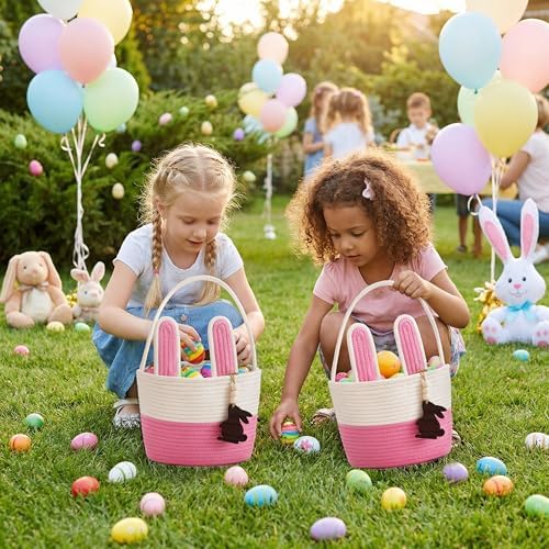 Pro Goleem Easter Basket for Kids, Adorable Woven Egg Hunt Bucket with Handle, Soft First Easter Gift Tote Bag, Nursery Toy Storage Bin with Tag(Pink) - Image 6