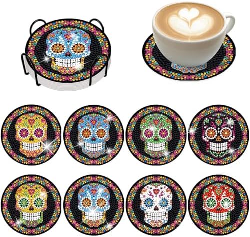 8Pcs Halloween Skull Diamond Coaster with Holder DIY Day of The Dead Art Painting Coaster for Beginners by Demonwer