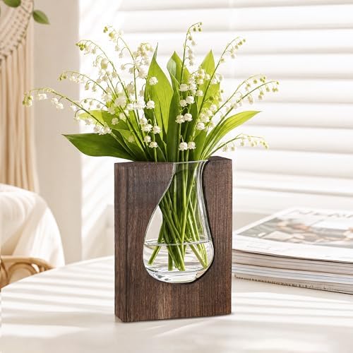 Wood and Glass Inlay Vases Farmhouse Wooden Glass Flower Vase Solid Wood Glass Vase Home Decor Vases for Centerpiece (9.3 Inches) by LITIVY