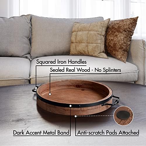 Round Coffee Table Tray|13'' Farmhouse Wood Serving Tray with Metal Handles - Image 2