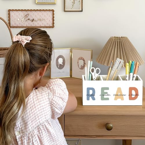 Book Lovers Gifts Pen Holder, Book Reader Gifts Pencil Holder for Desk, Boho Read Today a Reader Tomorrow a Leader Wooden Box Sign Decorations for Reading Room Classroom Desk Tabletop - Image 4