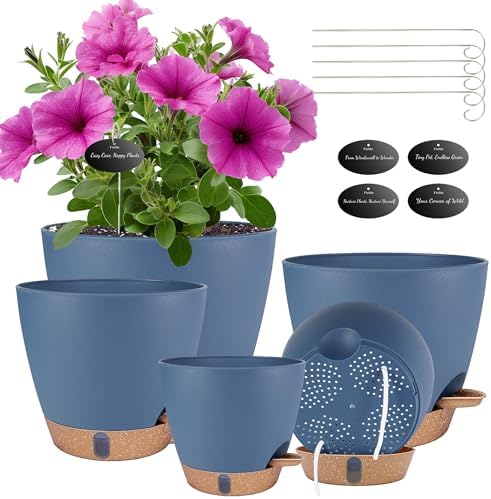 Self Watering Pots for Inoor Ourdoor Plants 8/7/6.5/6/5" Plastic Planters by Fielda