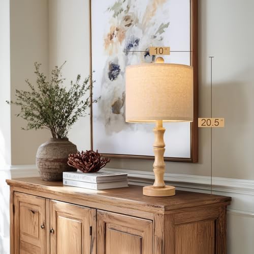 BOBOMOMO 20.5" Farmhouse Table Lamps Set of 2, Rustic Nightstand Lamps with Wood Grain Resin Base & Linen Shade, Small Bedside Lamps for Bedroom, Living Room, Apartment Side Table & Small Spaces - Image 3
