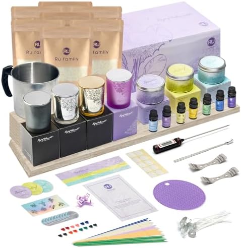 RU HANDMADE DIY Candle Making Kit for Adults – Soy Wax Candle Kit for Beginners, Make 7 Full-Size Candles with 7 Gift Boxes, 1120g Wax, 7×10ml Fragrance Oils, 4 Glass 7oz Jars & 3 Tins by RufamilyAroma