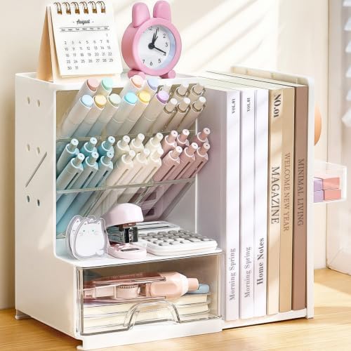 Sooez Desk Organizer with Bookends, Pegboard & Drawer, Pen & Pencil Holder - Image 2