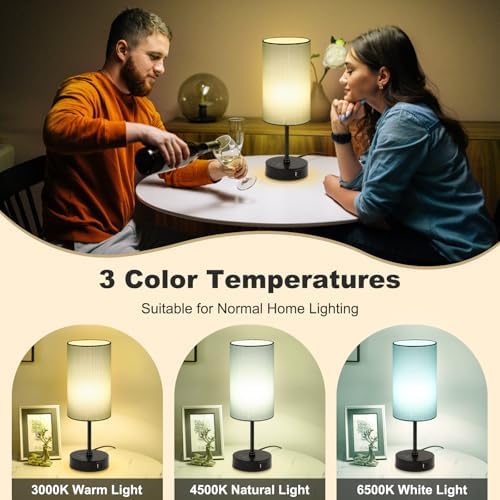 Unicozin Table Lamp for Bedroom, 3 Color Temperatures, 7 RGB Colors, Adjustable Brightness, Dual USB Charging Ports, Ambience Nightstand Light with Blue Shade, Desk Lamp for Kids Reading Home Office - Image 2