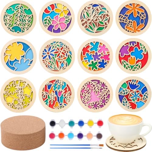 Reallnaive Wood Coasters Painting Kit DIY Craft, 12 Pcs, Floral by Reallnaive