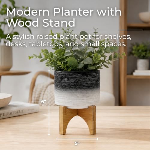 Modern Ceramic Planter with Wooden Stand – Stoneware Plant Pot Holder, Stylish Indoor & Outdoor Home Decor for Living Room, Bedroom, Office, or Garden, Plant Stand Indoor – 6", Gray & White - Image 2