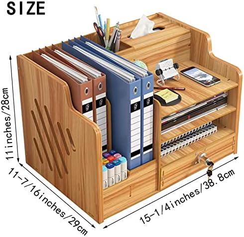 Bamboo Desk Organizer, Desktop Wood Bookshelf File Organizer, Pen Holder and Tissue Holder, 1 Drawer with lock for Office, Home, Need to Install(Cherry Wood) - Image 2