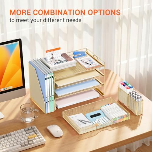 OPNICE Desk Organizers and Accessories, 4-Tier Desktop File Organizer with Drawer and Pen Holders, Office Desk Accessories Workspace Organizers for Office Supplies (Gold) - Image 6