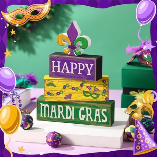 Moucuny 4 Pcs Mardi Gras Wooden Block Signs Tiered Tray Farmhouse Table - Image 6