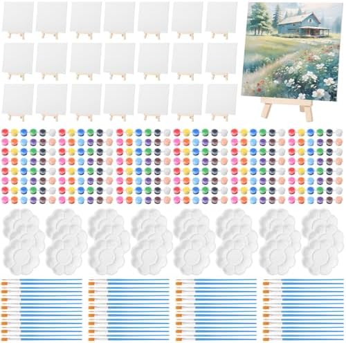 Qilery 24 Set 8 x 8 Inch Canvas Boards and Easel for Painting, Acrylic Paint Strips, Brushes, Palettes, Art Painting Kits for Artists Beginners Oil Acrylic Craft Party Favors by Qilery