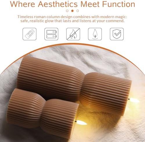 Brown Ribbed Fall Flameless Pillar Candles with Remote Set of 2 - Image 4