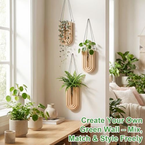 Set of 4 Wooden Wall Planter Vase Hanging Propagation Stations Glass Plant and Flower Vases Wall Plant Holder for Indoor Plants Art Boho Home Room Entryway Hallway Decoration - Image 4
