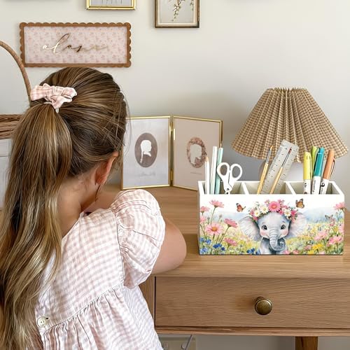 Elephant Pen Pencil Holder for Desk Accessories, Elephant Gifts for Women & Kids, Rustic Butterfly Flower Wild Animal Wooden Box Sign Decorations for Kids Room Home Office Desk Tabletop - Image 4