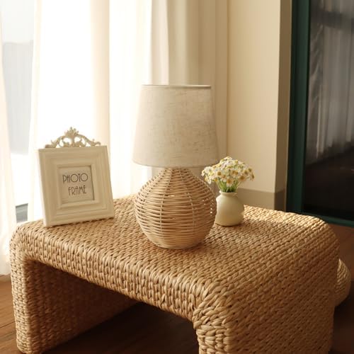 Rattan Small Table Lamp, Boho Farmhouse Style, Cotton Linen Lamp Shade, 6.2×6.2×11.8 Inch, with E12 LED Warm Light Bulb - Image 5