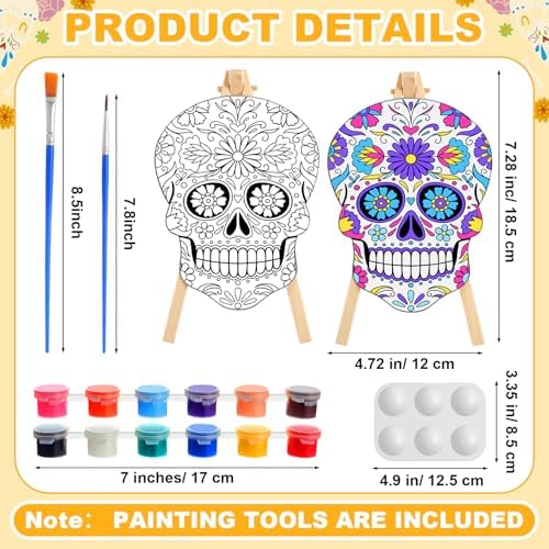 Supervitae 72 Piece Sugar Skull Pre Drawn Canvas Kit 5.9" Dia De Los Muertos Sip and Paint Kit for Adults Painting Party Pre Printed Canvas DIY with Pictures Paints Easels Brushes for Party Gifts - Image 2