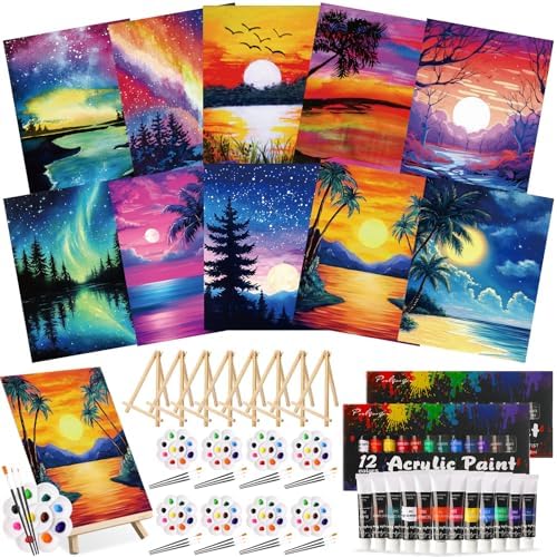 Ctosree 72 Pcs Vivid Sunset Paint and Sip Kit for Adults 8'' x 10'' Pre Drawn Canvas for Painting DIY Pre Printed Canvas for Party Favor Acrylic Painting Kit Wood Easel Brushes Date Night Bulk by Ctosree