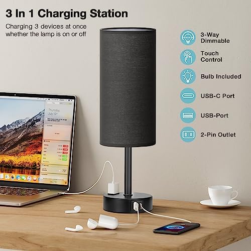Fenmzee Black Bedside Lamp for Bedroom, Dimmable Touch, USB A+C, AC Outlet - Image 3