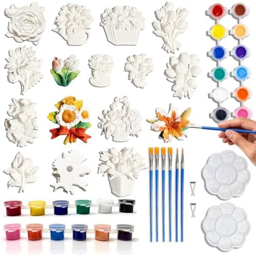 15 Pcs Plaster Painting Kit, Flower Magnet Craft Kit for Adults & Teens by HuiBeans