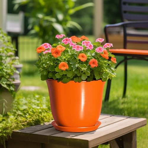 12 Inch Pots for Plants - Ceramic Planters Indoor with Drainage Hole and Saucer, Large Round Planter for Outdoor Plants, Decorative Flower Pot, Garden Decor, Plant Lover Gifts, Orange - Image 4