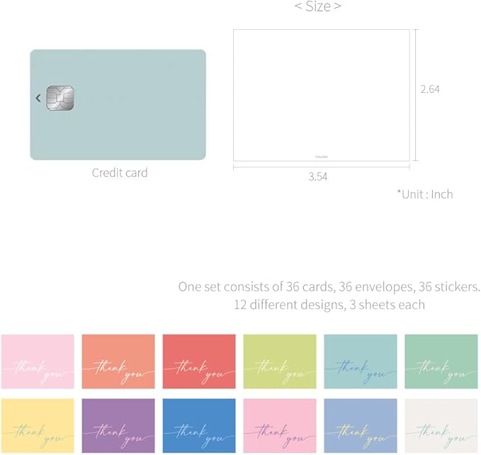 Monolike Day-by-day Card, Thank you-Candy pop - Mix 36 Mini Single cards, 36 envelopes, 36 stickers Package