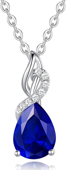 FANCIME 14K Solid White Gold Teardrop Pendant with Diamond Birthstone Necklace