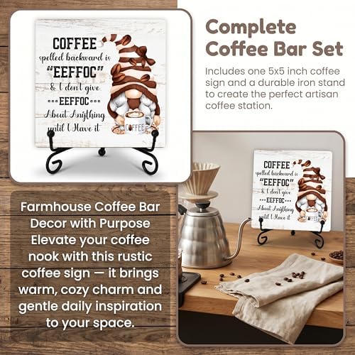 Coffee Bar Sign, Coffee Spelled Backwards Is Eeffoc Funny Wood Sign, Coffee and Tea Lover Gifts, 5x5 Wood Plaque with Iron Stand for Home, Kitchen or Cafe – A09 - Image 7