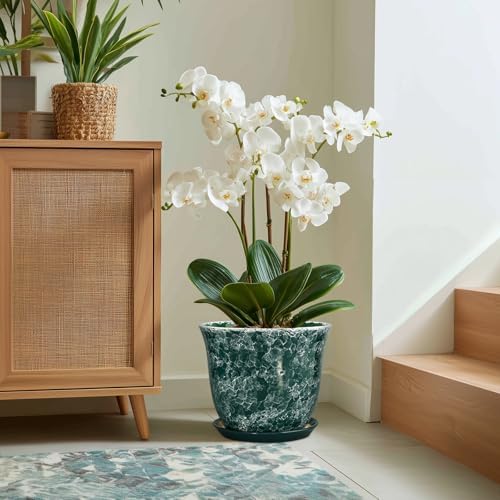 Ceramic Planter - 12 Inch Pots for Plants with Drainage Hole and Saucer, Round Planter for Indoor Outdoor, Large Plant Pot, Modern Planters, Garden Patio Decor, House Warming Gifts, Green - Image 5