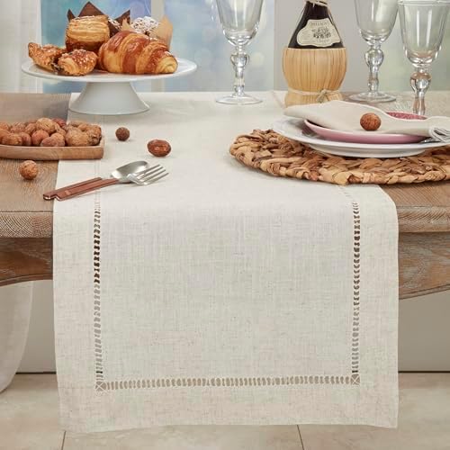 Saro Lifestyle Poly and Linen Blend Hemstitched Table Runner with Hemstitch Border, 16"x90", Natural - Image 3