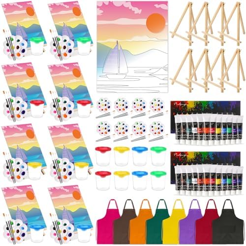 Cholemy 8 Set Paint and Sip Kit for Adults 8'' x 10'' Pre Drawn Canvas with Wooden Easels Acrylic Paint Brushes Wash Cup Palette Apron for Painting DIY Date Night Party Supplies(Landscape) by Cholemy