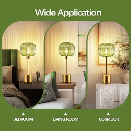 QiMH Glass Table Lamp for Living Room, Modern Bedside Lamp with Green Ribbed Glass Shade, 3-Way Dimmable Touch Control Nightstand Lamp for Bedroom, Brushed Gold (2700K LED Bulb Included) - Image 6