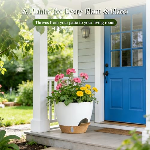 Plant Pots, 1 Pack 12 Inch Self Watering Pots with Drainage Holes, Water Level Indicator Deep Reservoir, Large Planters for Indoor Outdoor Plants - White Brown - Image 7