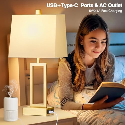 Lolikit 23.5" Touch Control Table Lamps, Metal Bedside Lamp for Bedroom Set of 2 with USB A+C Ports & AC Outlet, 3-Way Dimmable Nightstand Lamp for Living Room (LED Bulb Included) - Image 3