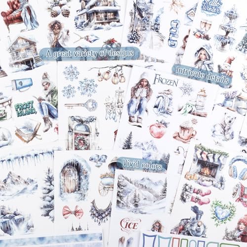 Precut Winter Aesthetic Scrapbook Sticker Book, 20 Sheets People Landscape Animal Snowflake Journaling Supplies for Adults Card Making Collage (Blue) - Image 3