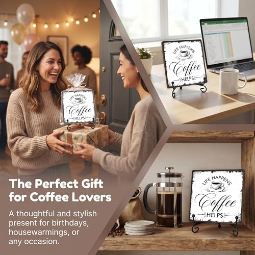 Coffee Bar Sign, Life Happens Coffee Helps Sign, Coffee and Tea Lover Gifts, 5x5 Wood Plaque with Iron Stand for Home Kitchen Cafe, Coffee Bar Decor – A08 - Image 6