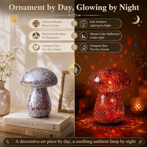 Mosaic Mushroom Table Lamp, Handmade LED Night Light, Red - Image 5