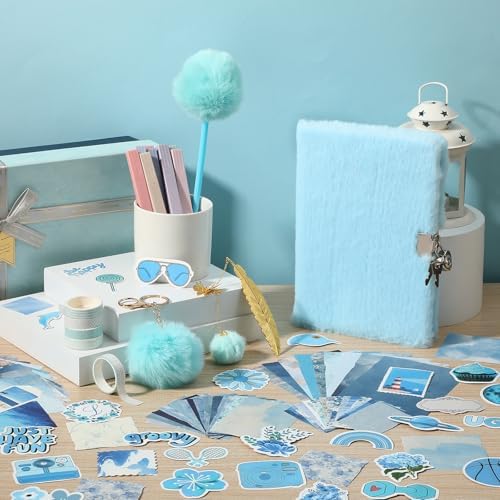 Janlaugh DIY Journal Diary with Lock Pack Scrapbook Kit, Blue, Plush - Image 6