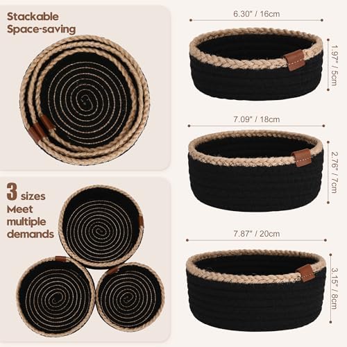 Sea Team 3-Pack Compact Nesting Woven Cotton Rope Storage Baskets, Black - Image 2