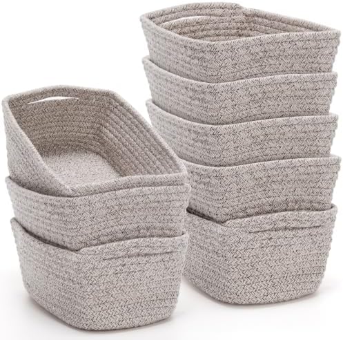 Yinkin 12 Pack Small Storage Basket Cute Natural Cotton Rope Woven Basket Tiny Boho Decorative Toy Storage Bin Gift Baskets for Home Organizing, Closet, Shelf, Nursery, Bathroom(Rectangle,Oatmeal) by Yinkin