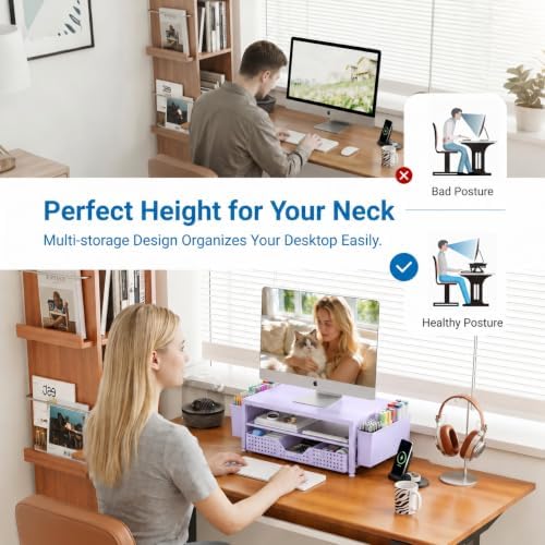 OPNICE Desk Organizers and Accessories, Computer Monitor Stand Riser with Drawer and 2 Pen Holders, Printer & Laptop Stand, Office Desk Accessories & Workspace Organizers for Home Office Supplies, Purple - Image 4
