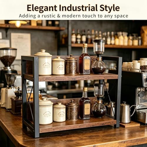 2-Tier Countertop Organizer, Iron-Wood Coffee Station Shelf, Heavy Duty Kitchen Counter Spice Rack for Coffee Bar, Pantry, Bathroom Storage(Brown) - Image 6