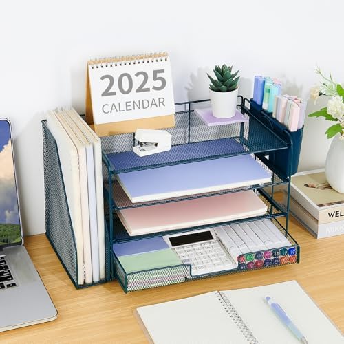 OPNICE Desk Organizer, 4-Tier Desktop File Organizer with Drawer and Pen Holders, Office Desk Accessories, File Sorters, Workspace Organizers for Office Supplies(Dark Blue) - Image 5